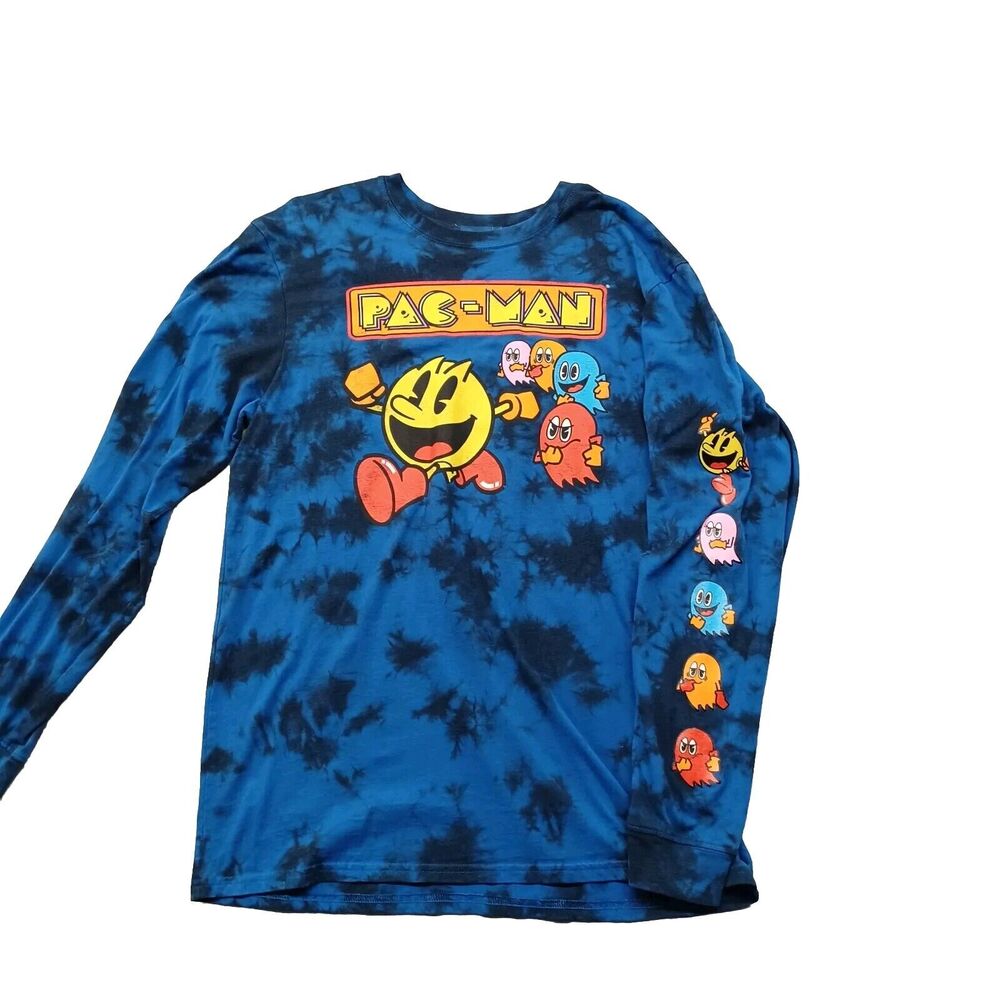 Pac-Man Tie Dye Long Sleeve Crew T-Shirt Gaming Graphic Tee Blue Black Size L